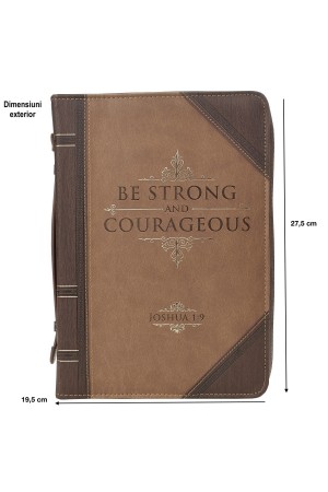 Husă Biblie din imitație de piele maro - „Be Strong and courageous” - format L