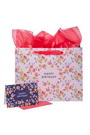 Pungă de cadou cu felicitare - Happy birthday - (cu floricele)