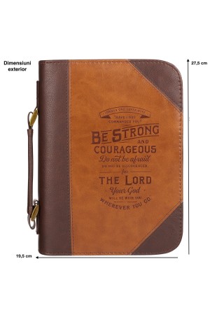Husă Biblie din imitație de piele maro - „Be strong and courageous” - format L