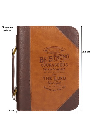 Husă Biblie din imitație de piele maro - „Be strong and courageous” - format M